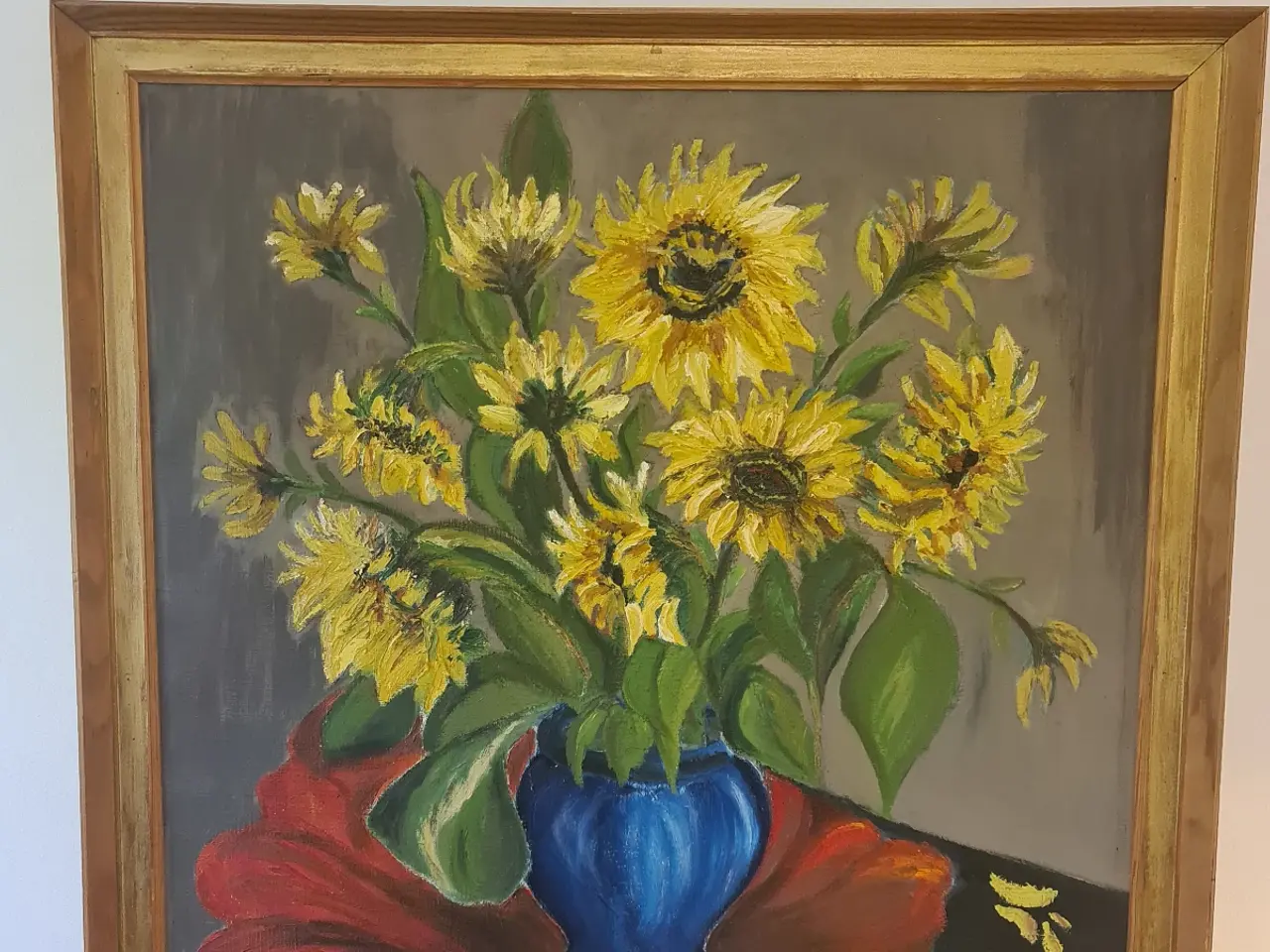 Billede 1 - Stort blomstermaleri med solsikker – signeret EJ 8