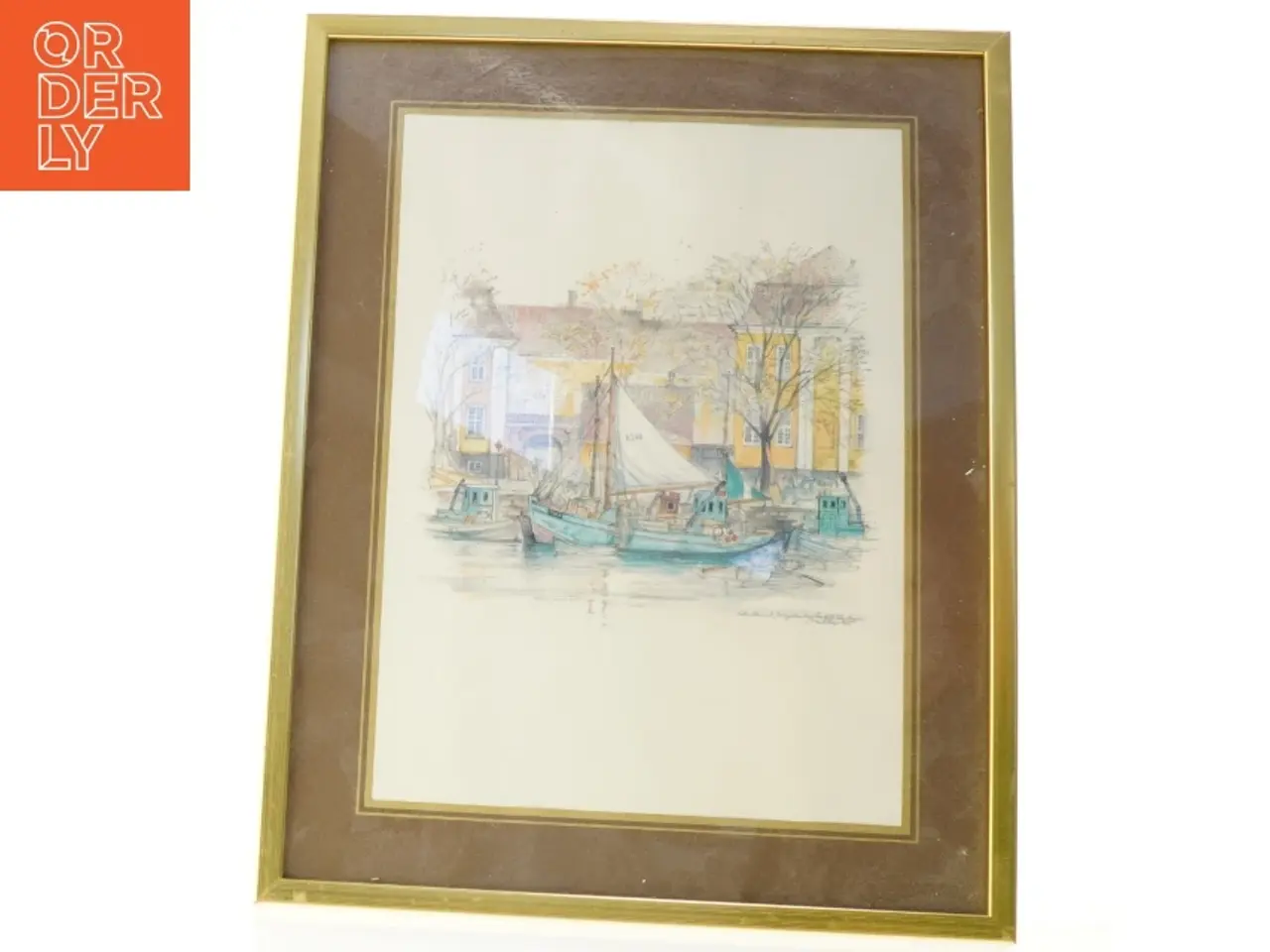 Billede 1 - Indrammet tegning af havnemotiv (str. 47 x 37 cm)