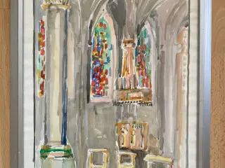 Akvarel ikke signeret kirke interiør