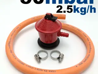 NY! Gasregulator 50mbar + Gasslange + 2 Spændebånd