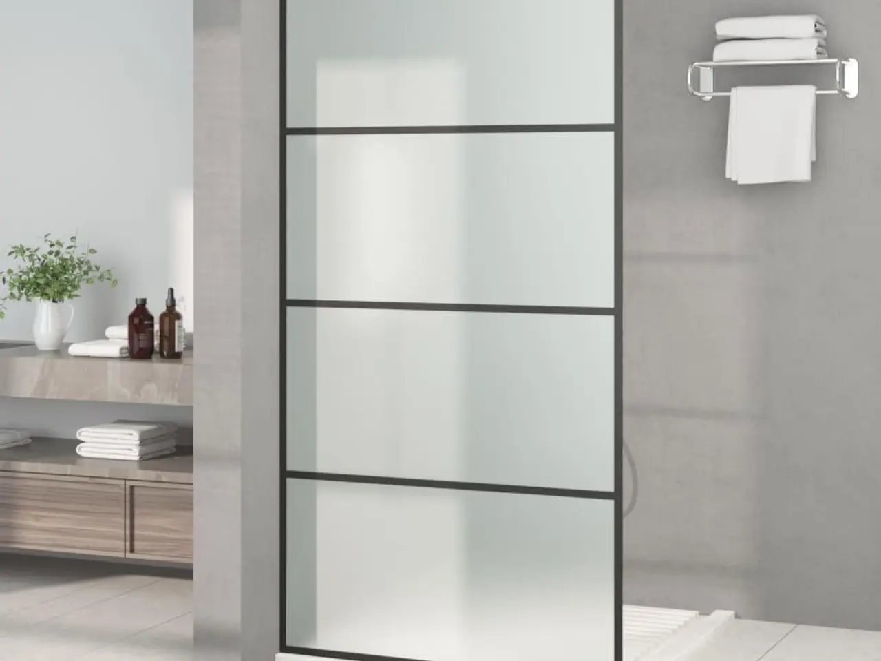 Billede 1 - Brusevæg 100×195 cm i matteret sikkerhedsglas - sort ramme