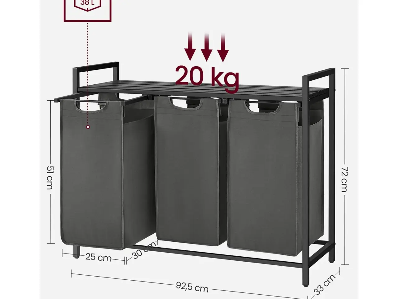 Billede 7 - Vasketøjskurv med 3 rum udtrækkelige poser, hylde, metalstel, 3 x 38 l, 92,5 × 33 × 72 cm, sort/grå