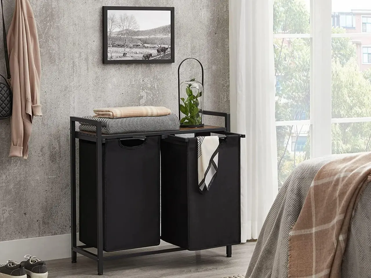 Billede 3 - Vasketøjskurv med 2 rum 2 x 46 l, 73 × 33 × 72 cm, rustik brun/sort