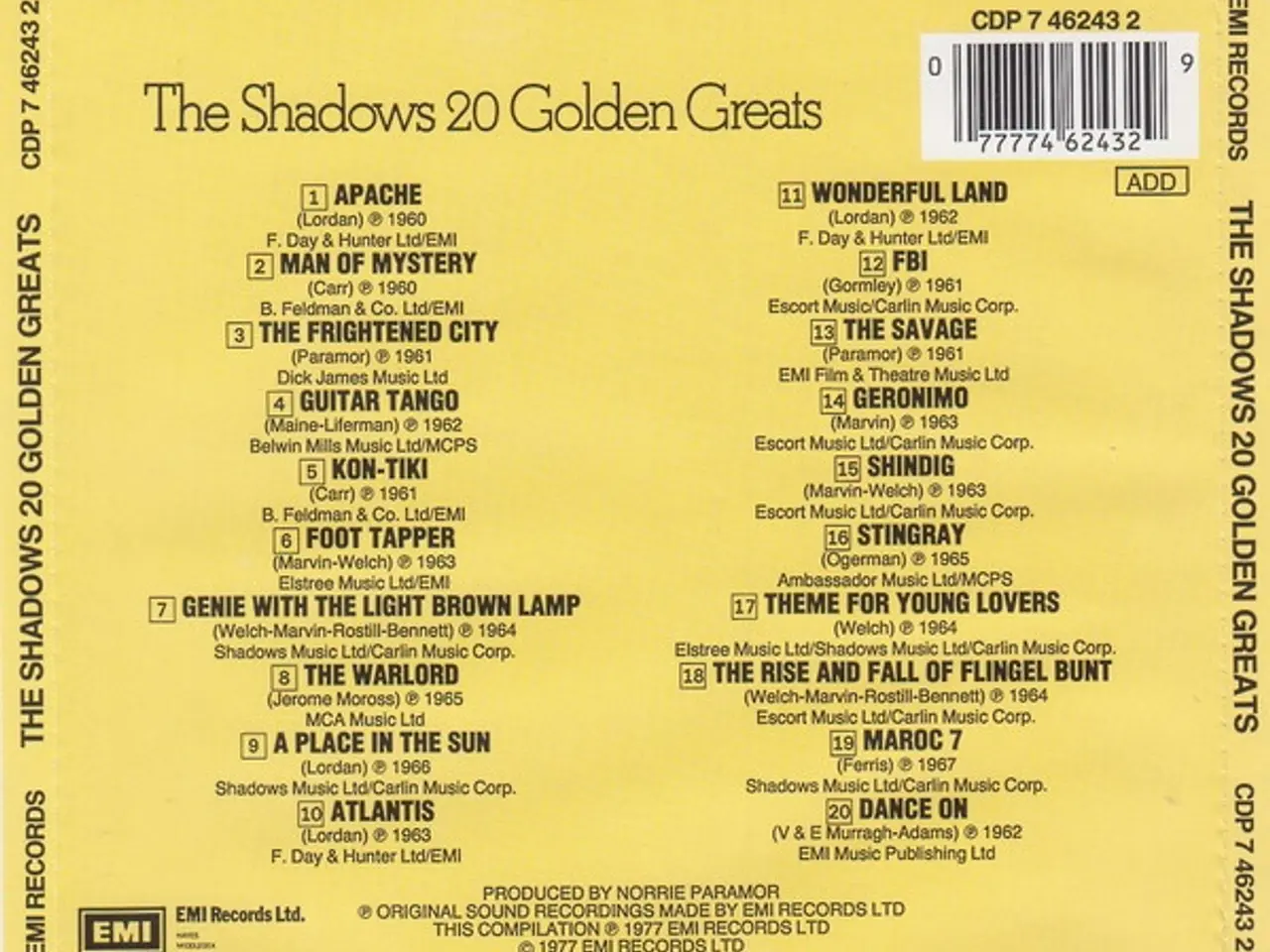 Billede 2 - The Shadows – 20 Golden Greats – CD