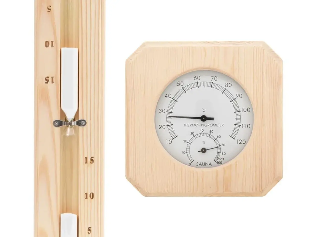 Billede 1 - Saunasæt med hygrometer og timeglas i massivt fyrretræ