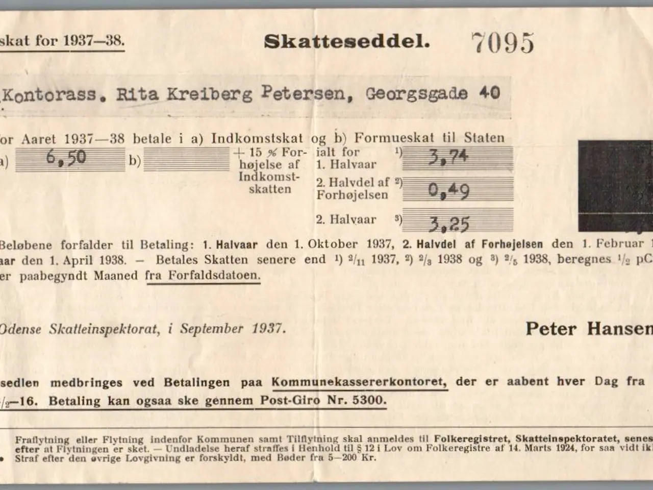Billede 1 - Skatteseddel - Statsskat 1937 - 38 - At Betale 3,74 Kr.