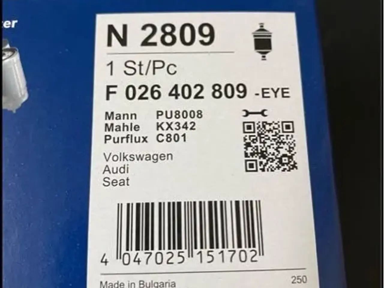 Billede 1 - Bosch N2809 Dieselfilter vw 2,0TDI