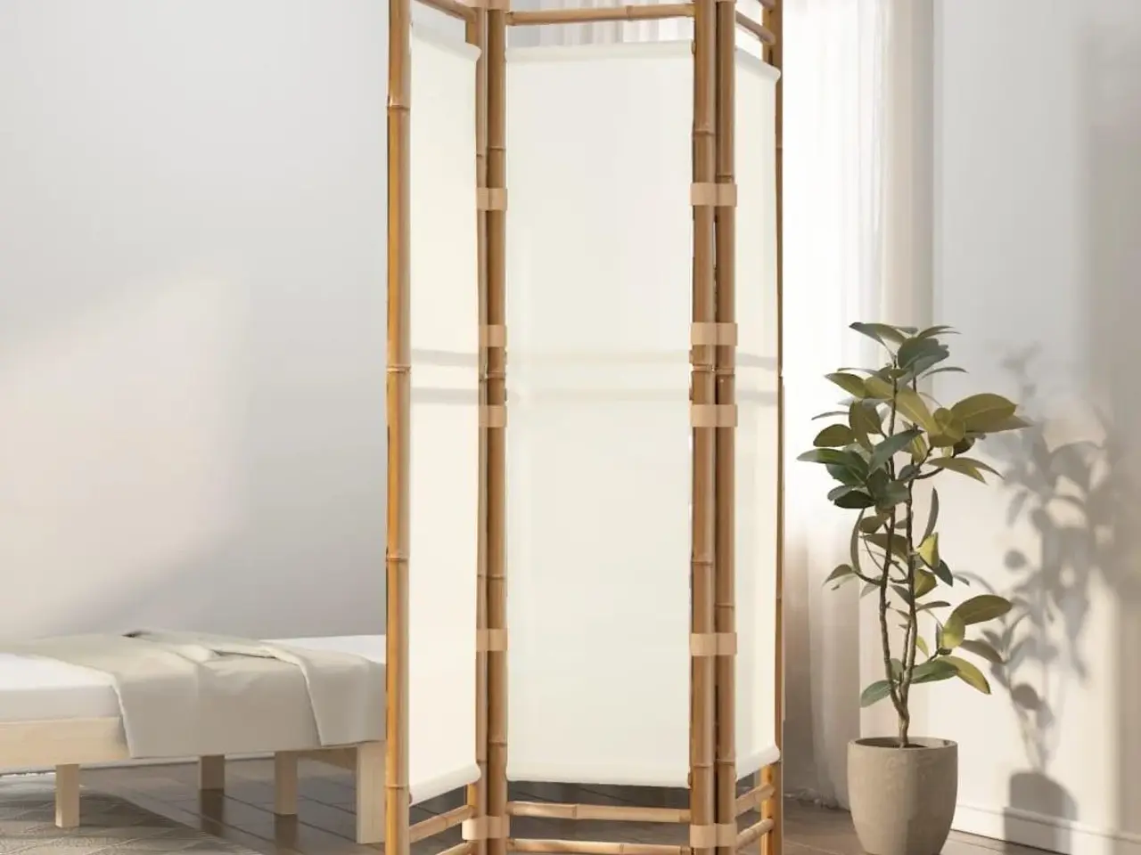 Billede 1 - Rumdeler med 3 paneler i bambus og cremehvid kanvas - 120 x 180 cm