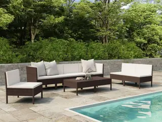 Loungesæt til haven i polyrattan - 9 dele med hynder, brun/creme
