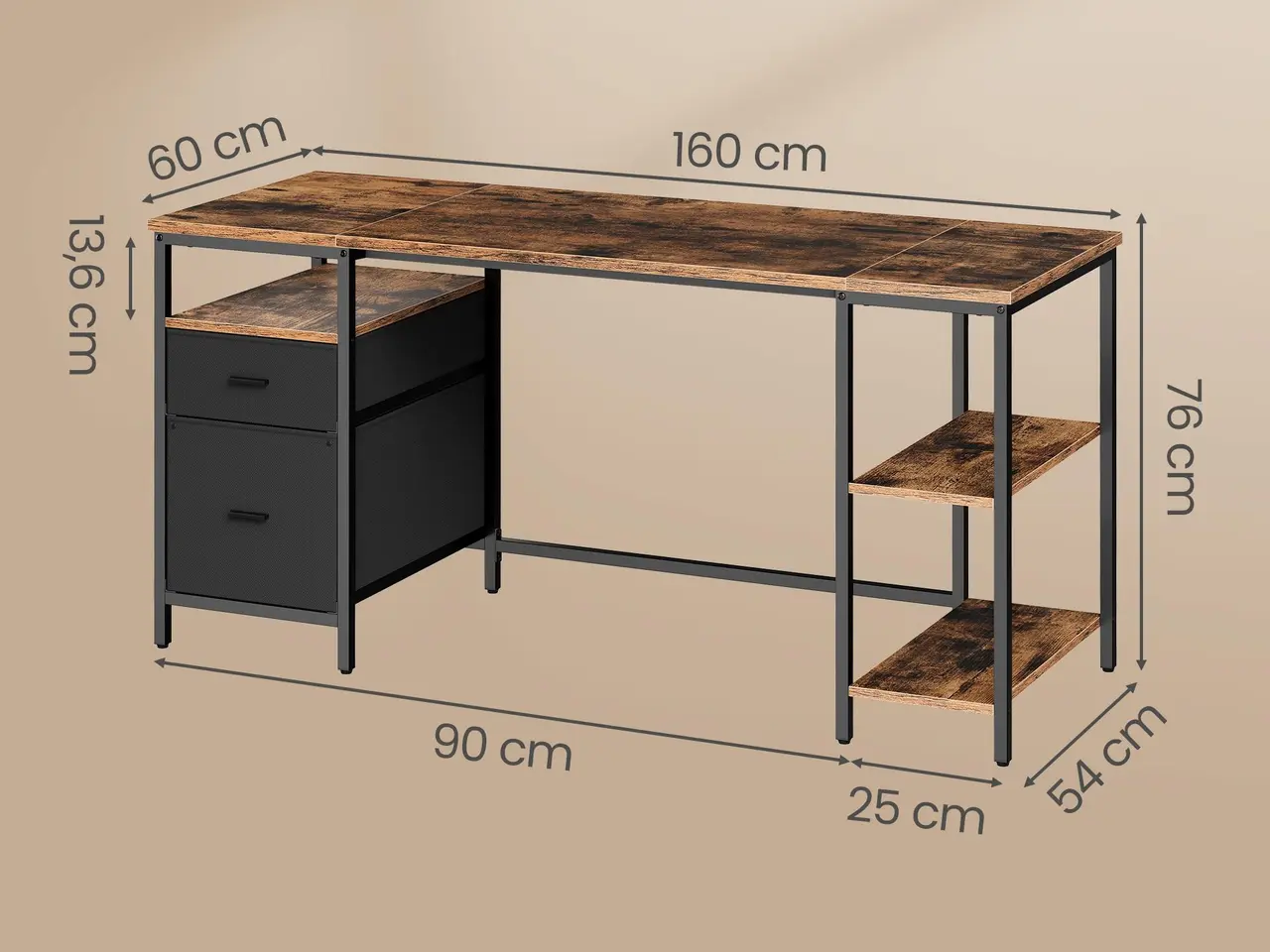 Billede 3 - Skrivebord med 3 hylder og 2 skuffer - rustik brun/matsort