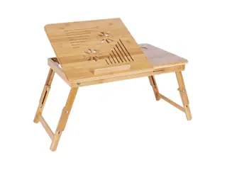 Laptopbord bambus foldbart og højdejusterbart med 5 hældningsvinkler, ventilationshuller, lille skuffe, 55 × 35 × 21-29 cm (LLD002)