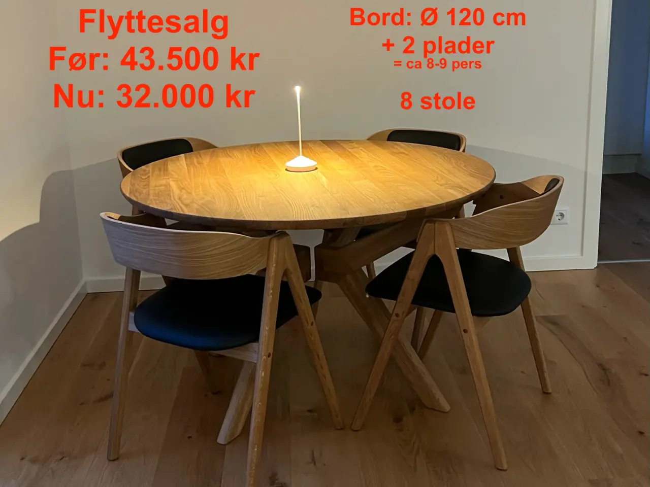 Billede 1 - Rundt spisebord + 8 stole + 2 plader. Dansk Design