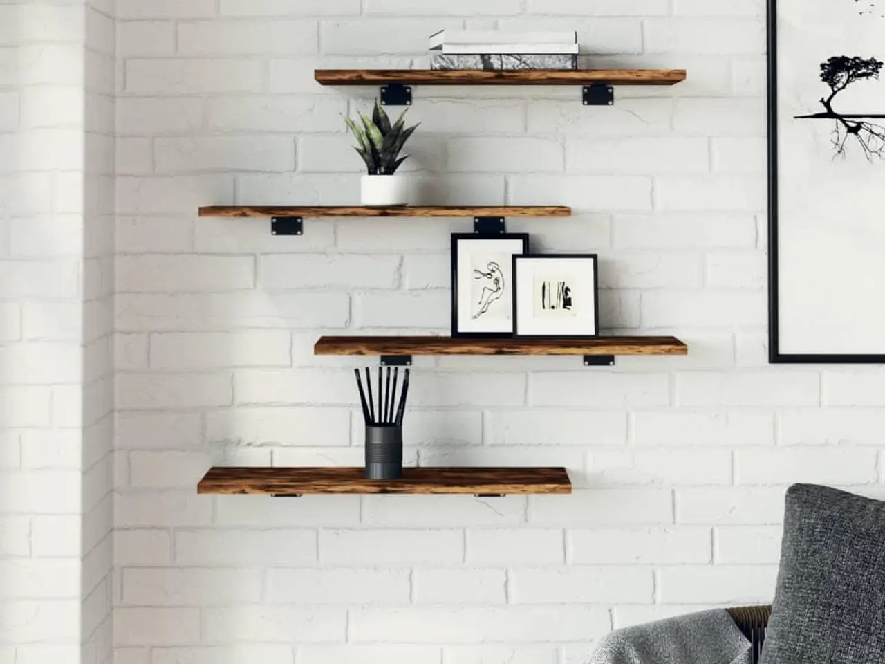 Billede 3 - Væghylder 4 stk. 60×20×1,5 cm i konstrueret træ - røget egetræ