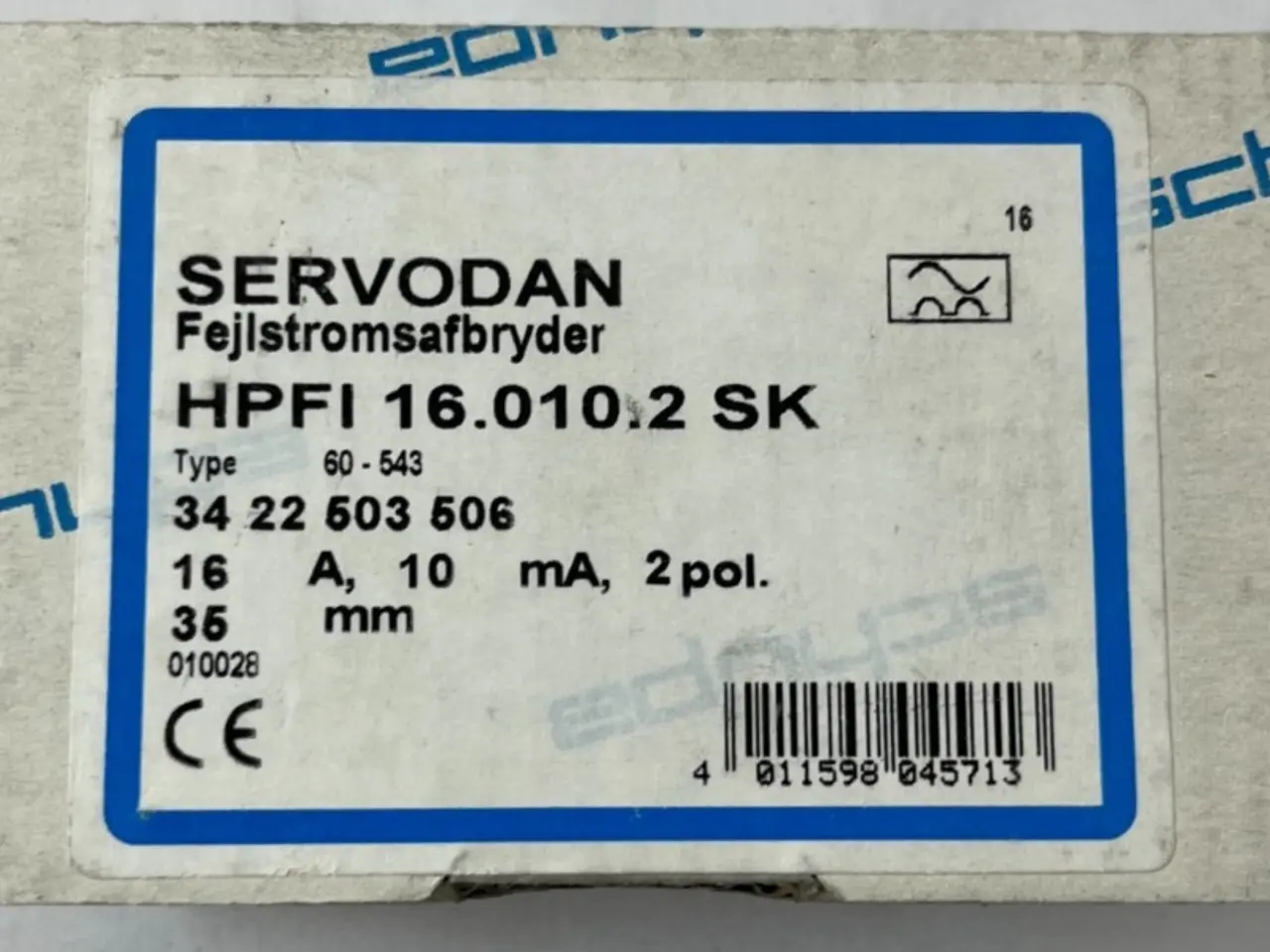 Billede 1 - Servodan HPFI 16.010.2 SK 16A 10mA RCD Residual