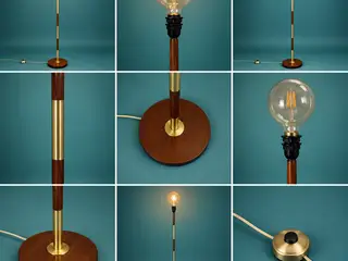 Gulvlampe i messing og teaktræ med flere fatninger