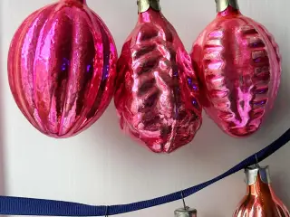 Vintage julekugler, store pink ornamenter, 6 stk samlet