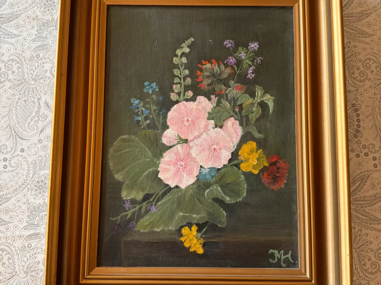 Billede 1 - Blomstermaleri i ramme – olie på lærred