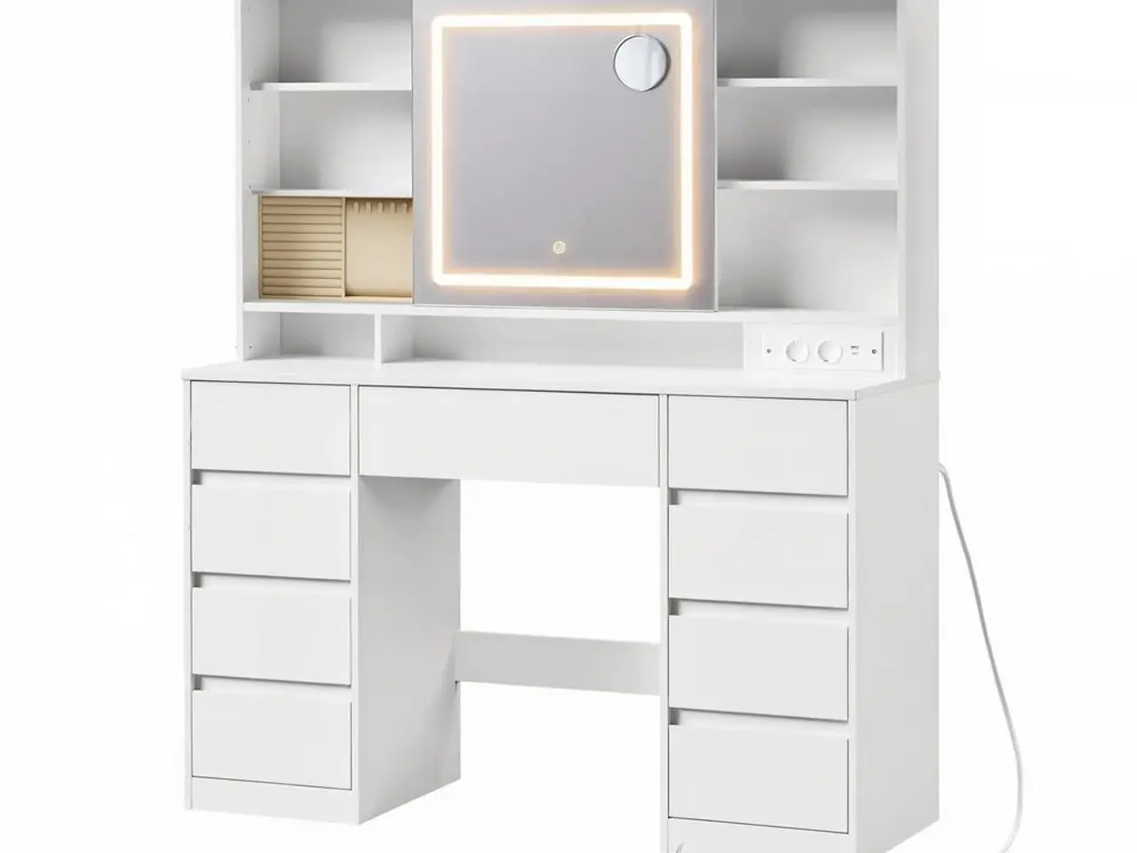 Billede 1 - Toiletbord med LED-spejl, smykkeopbevaring og 9 skuffer - hvid