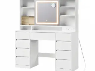 Toiletbord med LED-spejl, 9 skuffer og smykkes opbevaring - hvid