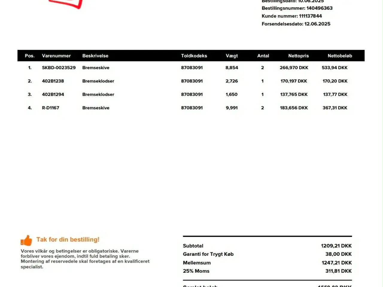 Billede 1 - Bremse dele til Ford transit custom 