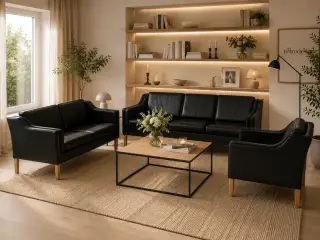 Mogens Hansen Sofagruppe 3+2,5+1 i sort prestige .