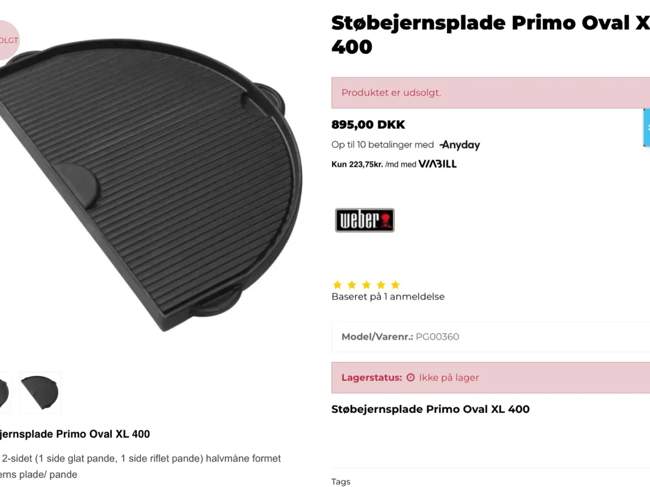 Billede 1 - Støbejernsplade Primo Oval XL 400