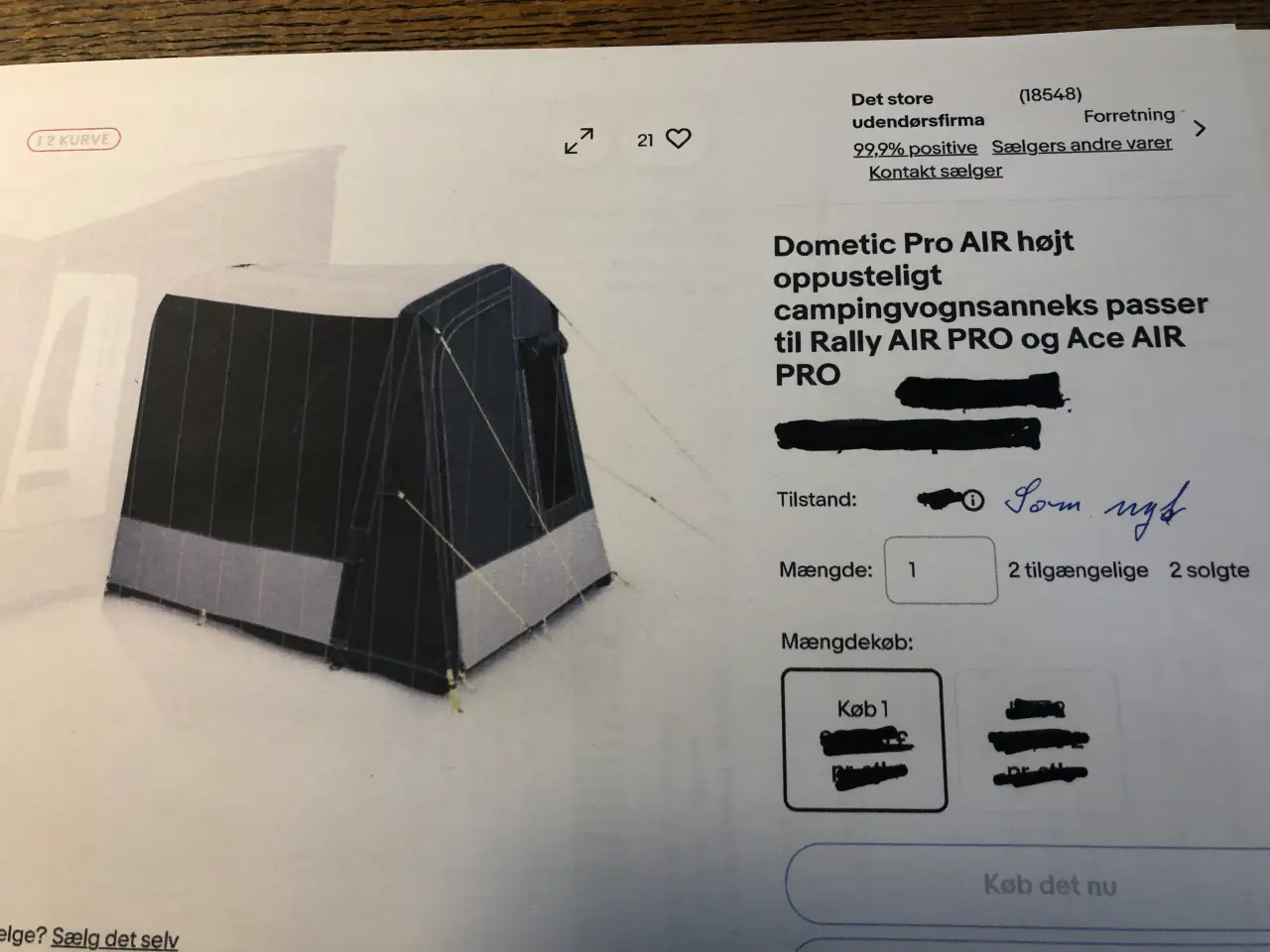 Billede 1 - Dometic Pro Air højt oppusteligt anneks telt,