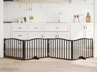 Hundegitter med dør, foldbar, 4 paneler, sort, 320 cm, poppeltræ