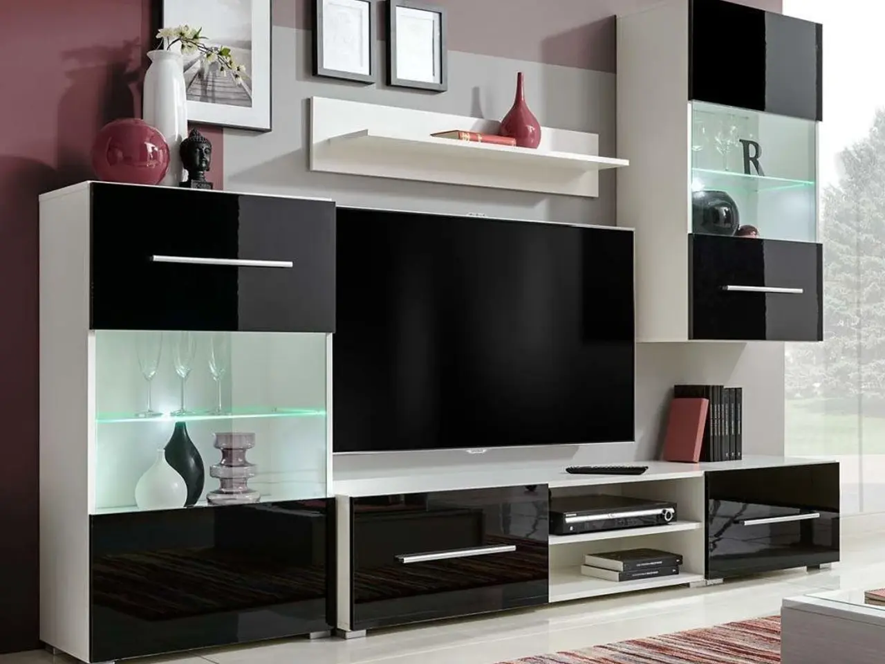 Billede 1 - Skabssæt med tv-bord og LED-lys, 5 dele - sort/hvid