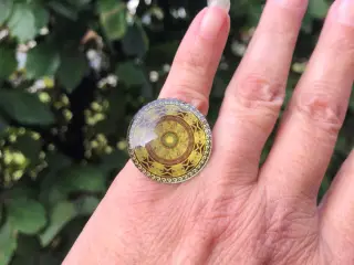 Ring, Mandala, gul, brun, forsølvet, onesize