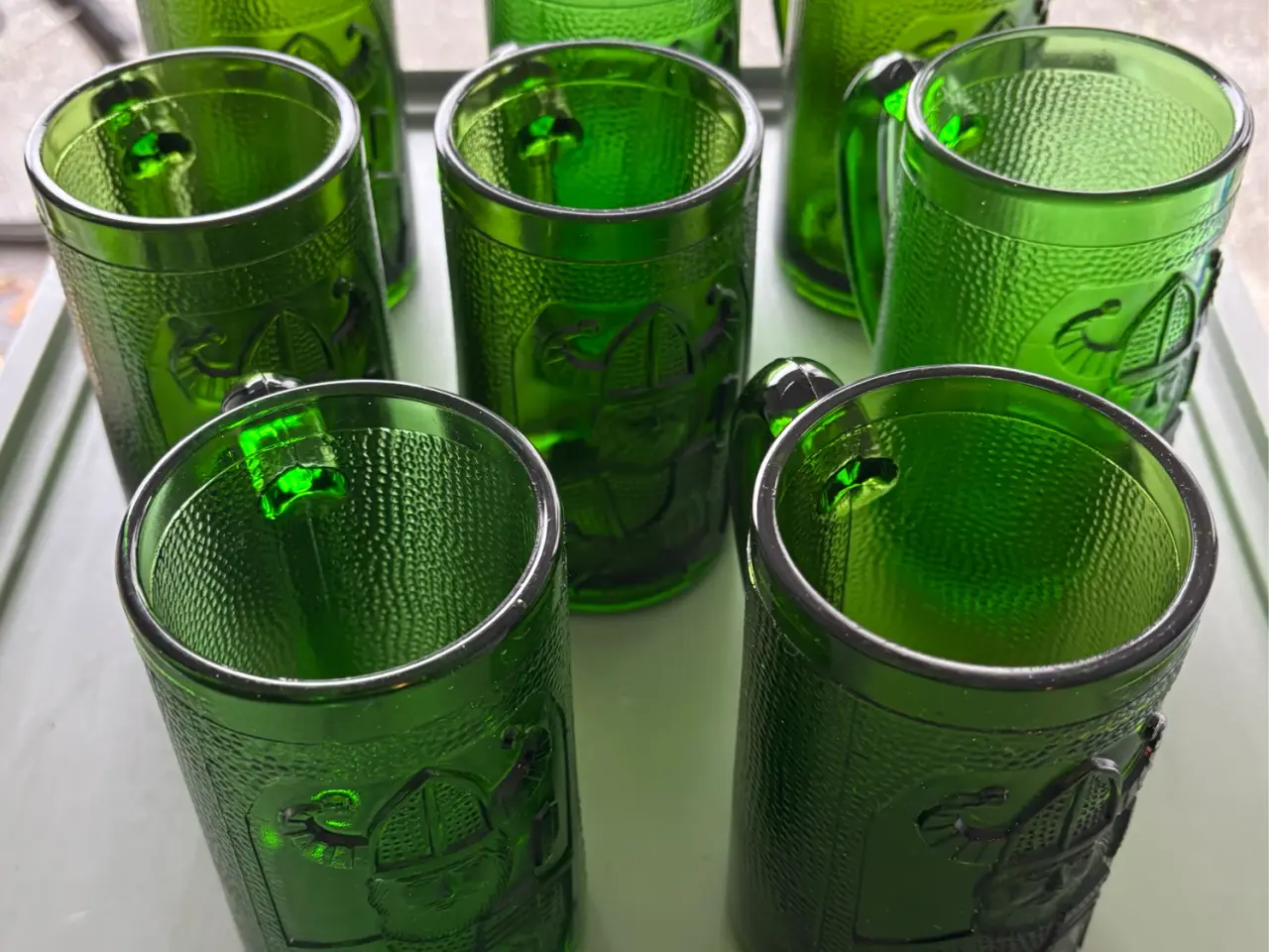 Billede 1 - 8 stk. retro Viking ølsejdler i flaskegrønt glas –