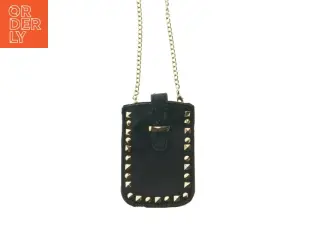 Sort læder mobilpung med kæde (str. 15x9,5 cm)