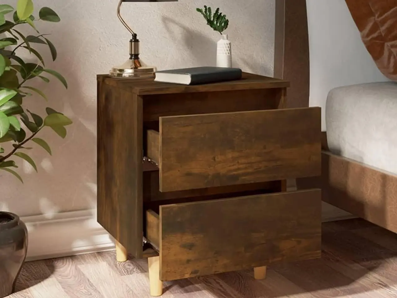 Billede 4 - Sengeborde 2 stk. med massive træben 40×35×50 cm - røget egetræ