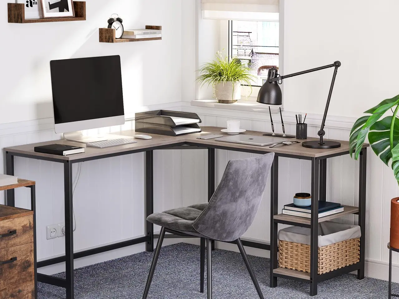 Billede 3 - L-formet skrivebord med hylder LWD72MB - greige og sort