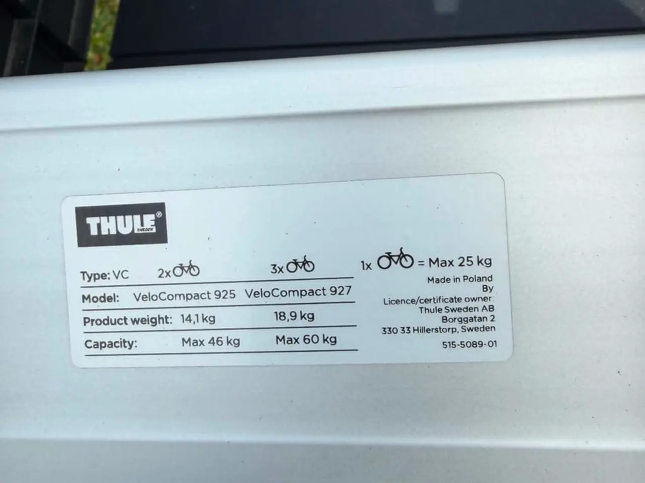 Billede 4 - Thule VeloCompact 925 Cykelholder til 2 MTB / EL c