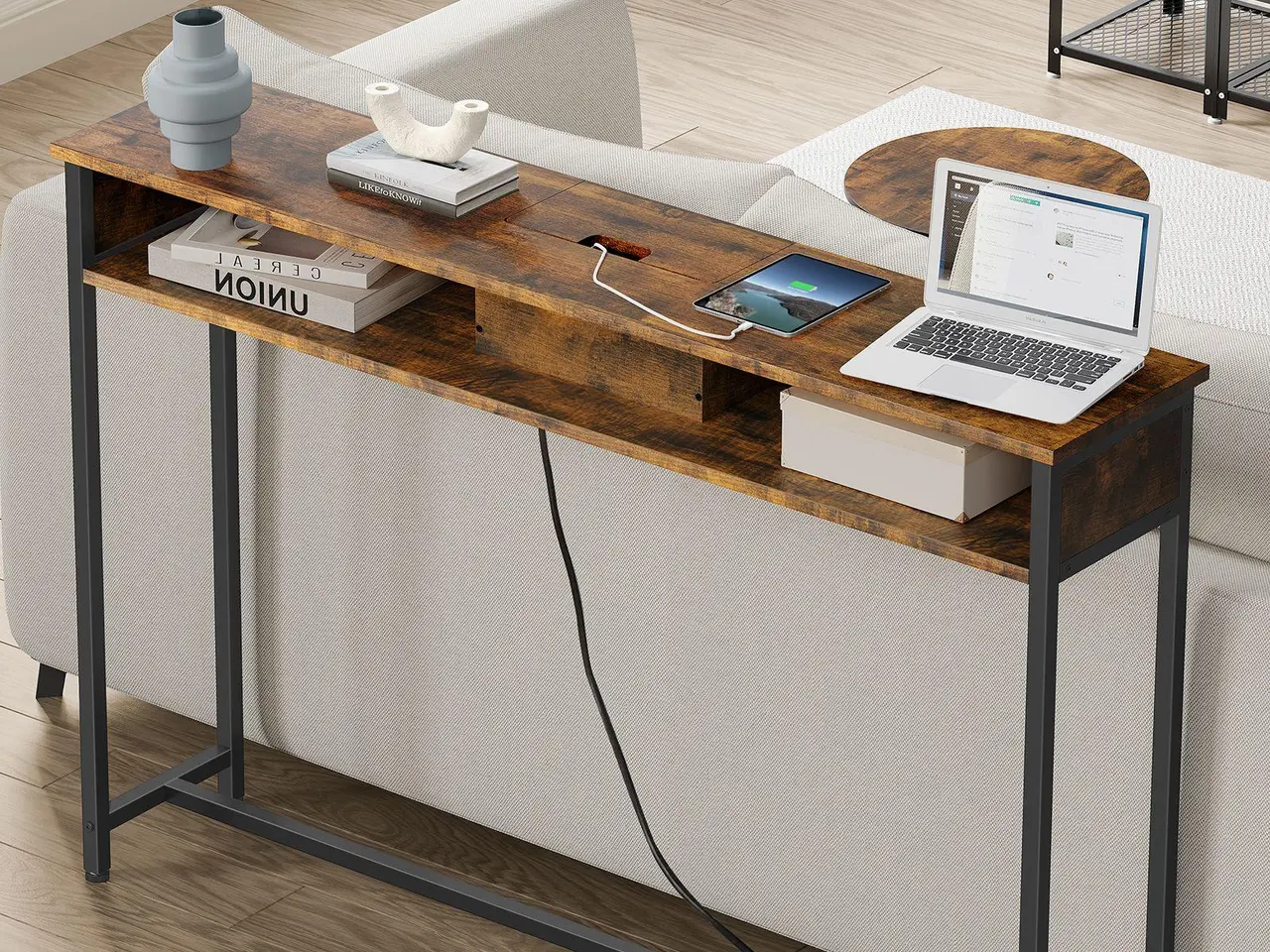 Billede 2 - Konsolbord smalt med strømudtag, 25 × 120 × 81 cm, rustik brun/sort