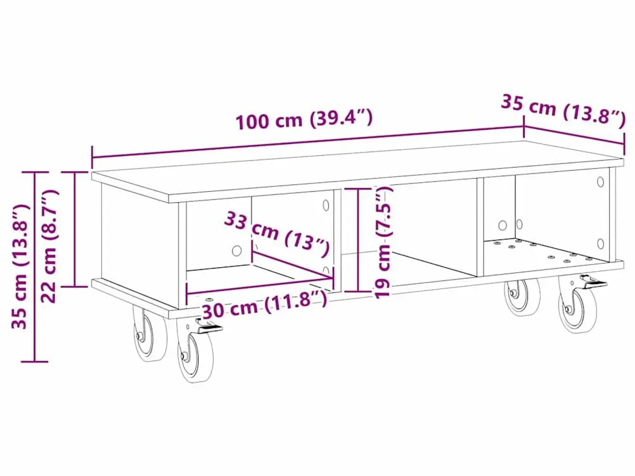 Billede 11 - TV-bord på hjul - hvid 100 × 35 × 35 cm i konstrueret træ