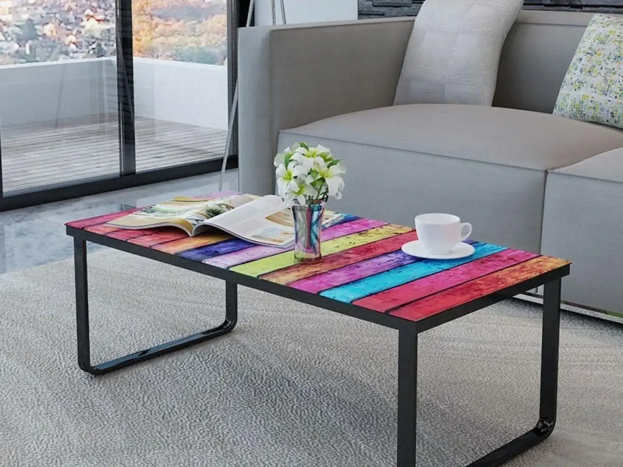 Billede 2 - Sofabord med regnbueprint - glasbordplade og sort stel, 90 × 45 cm