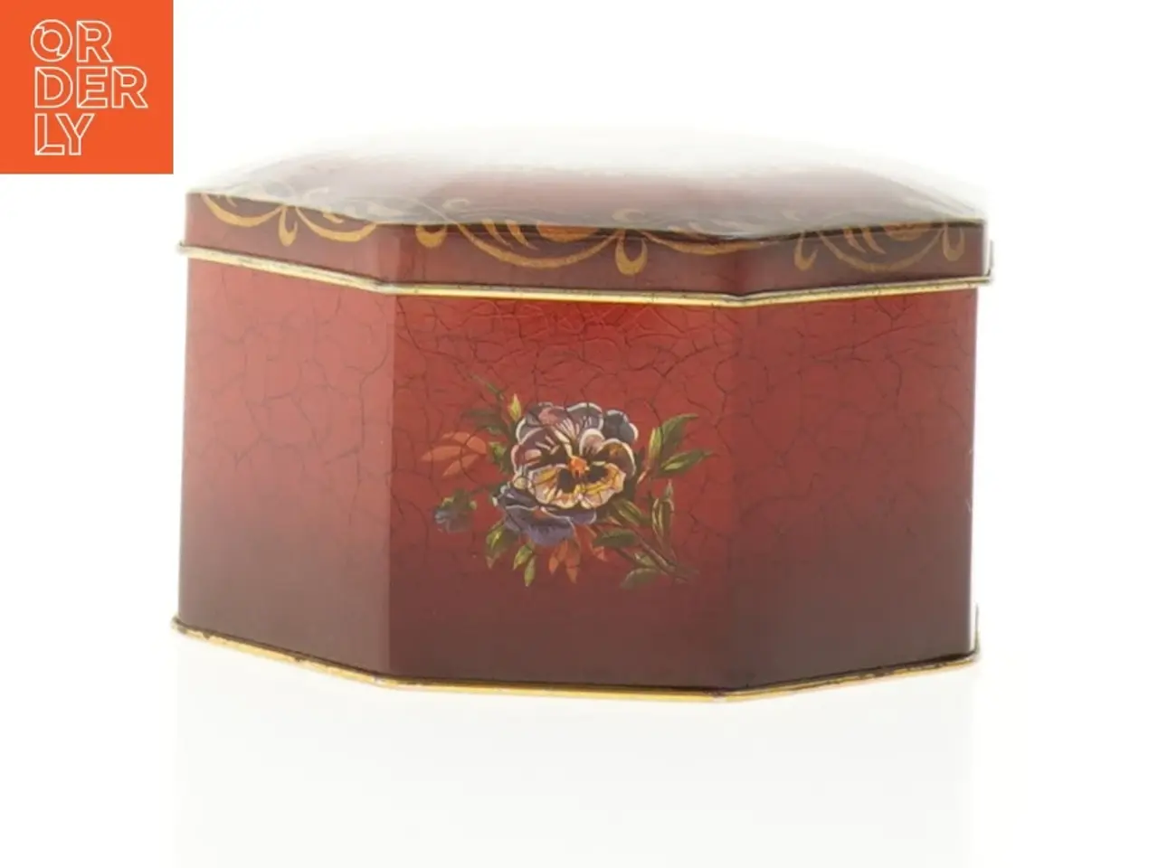 Billede 1 - Engelsk Vintage Ottekantet metal dåse med blomstermotiv (str. 12 x 7 cm)