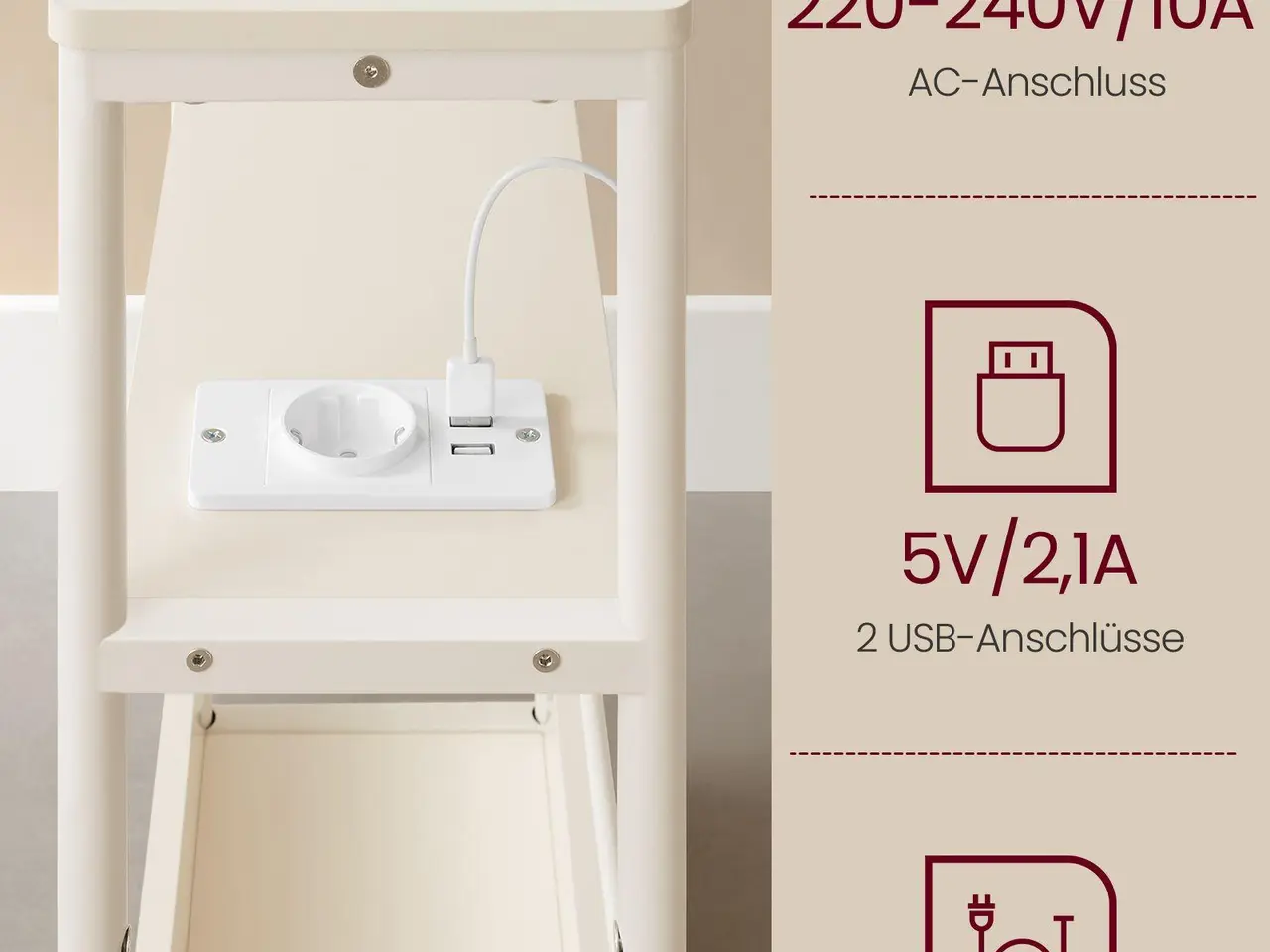 Billede 4 - Smalt sidebord med stikkontakt og USB - cremehvid