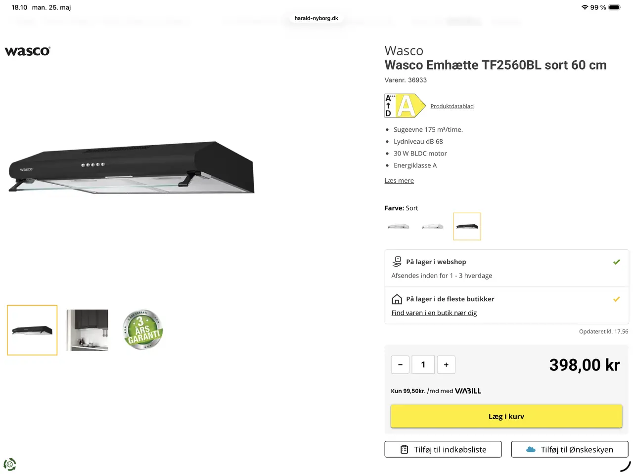 Billede 3 - Wasco Emhætte TF2560BL sort 60 cm