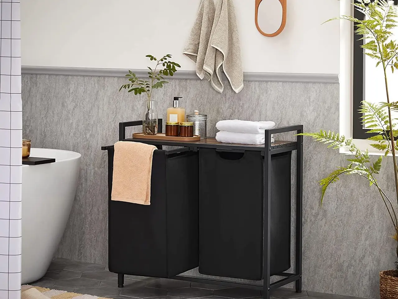 Billede 2 - Vasketøjskurv med 2 rum 2 x 46 l, 73 × 33 × 72 cm, rustik brun/sort