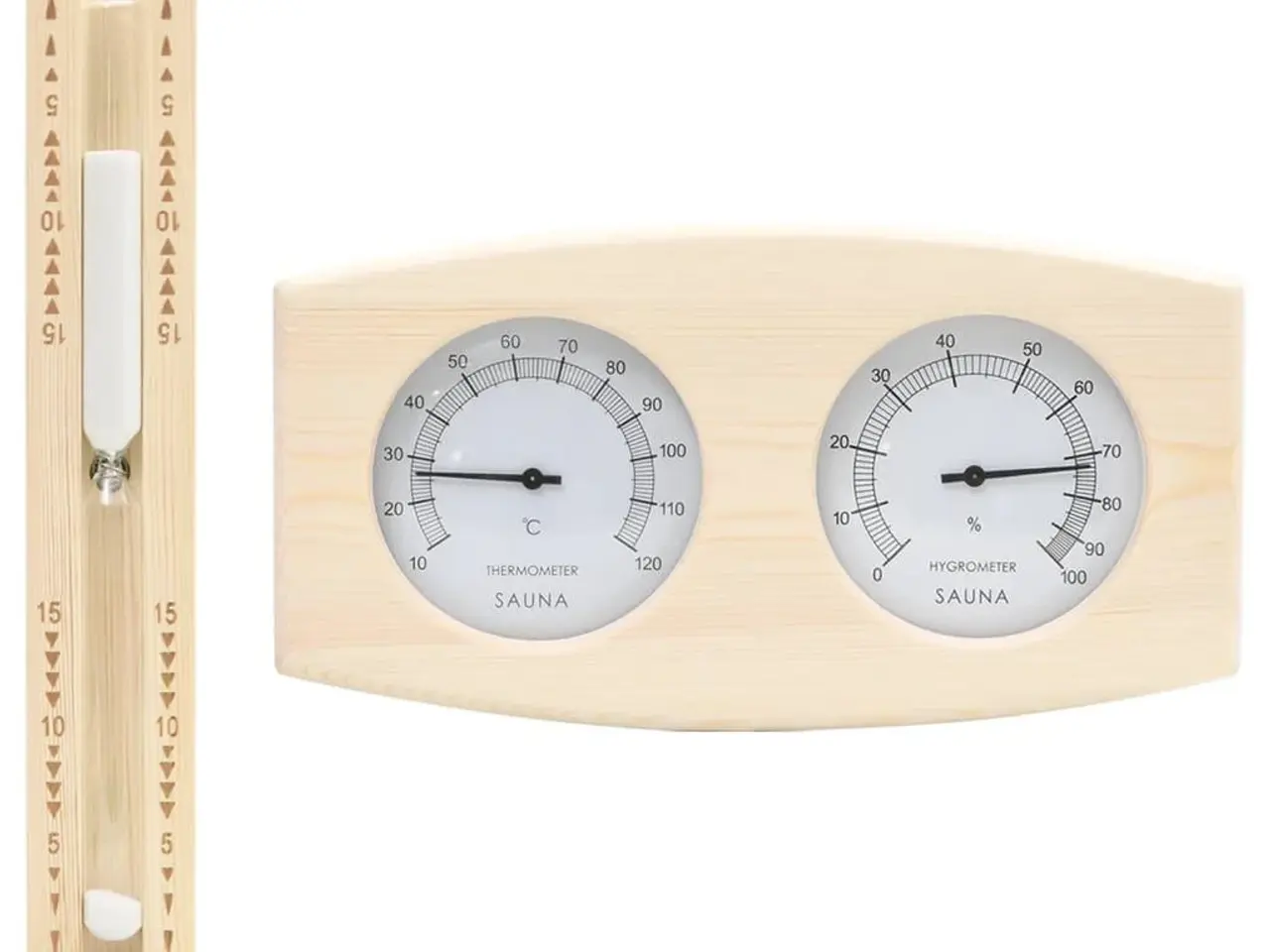 Billede 1 - 2-i-1 saunasæt med hygrometer og timeglas massivt fyrretræ