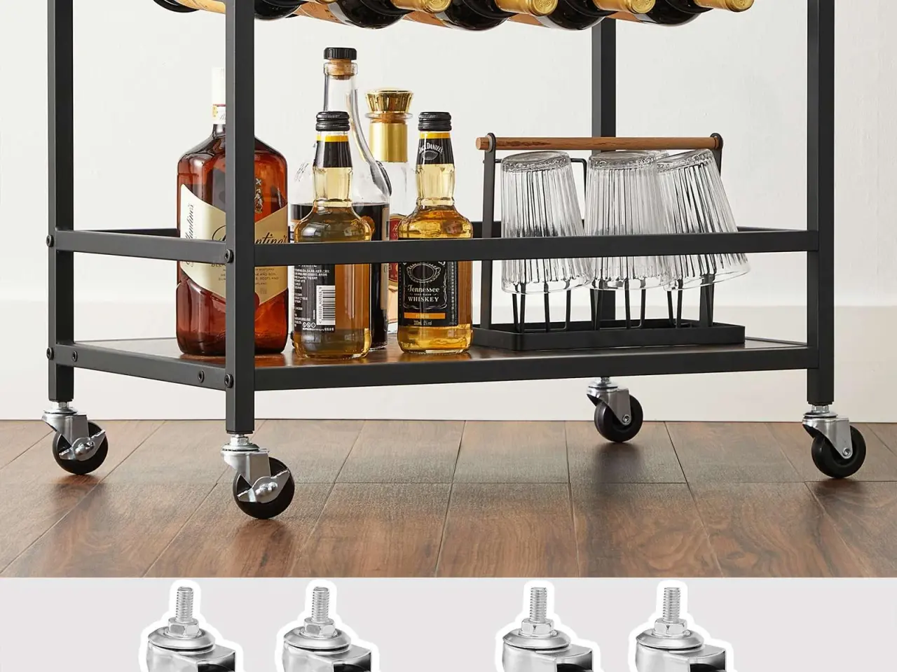 Billede 5 - Rullebord med vin- og glasholder industrielt design, 60 × 40 × 75 cm, rustik brun/sort