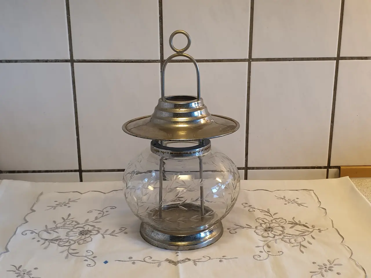 Billede 1 - Lanterne metal og slebet glas