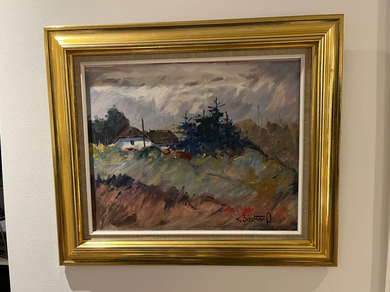 Billede 1 - Oliemaleri hus i bakker af Knud Bøstrup.