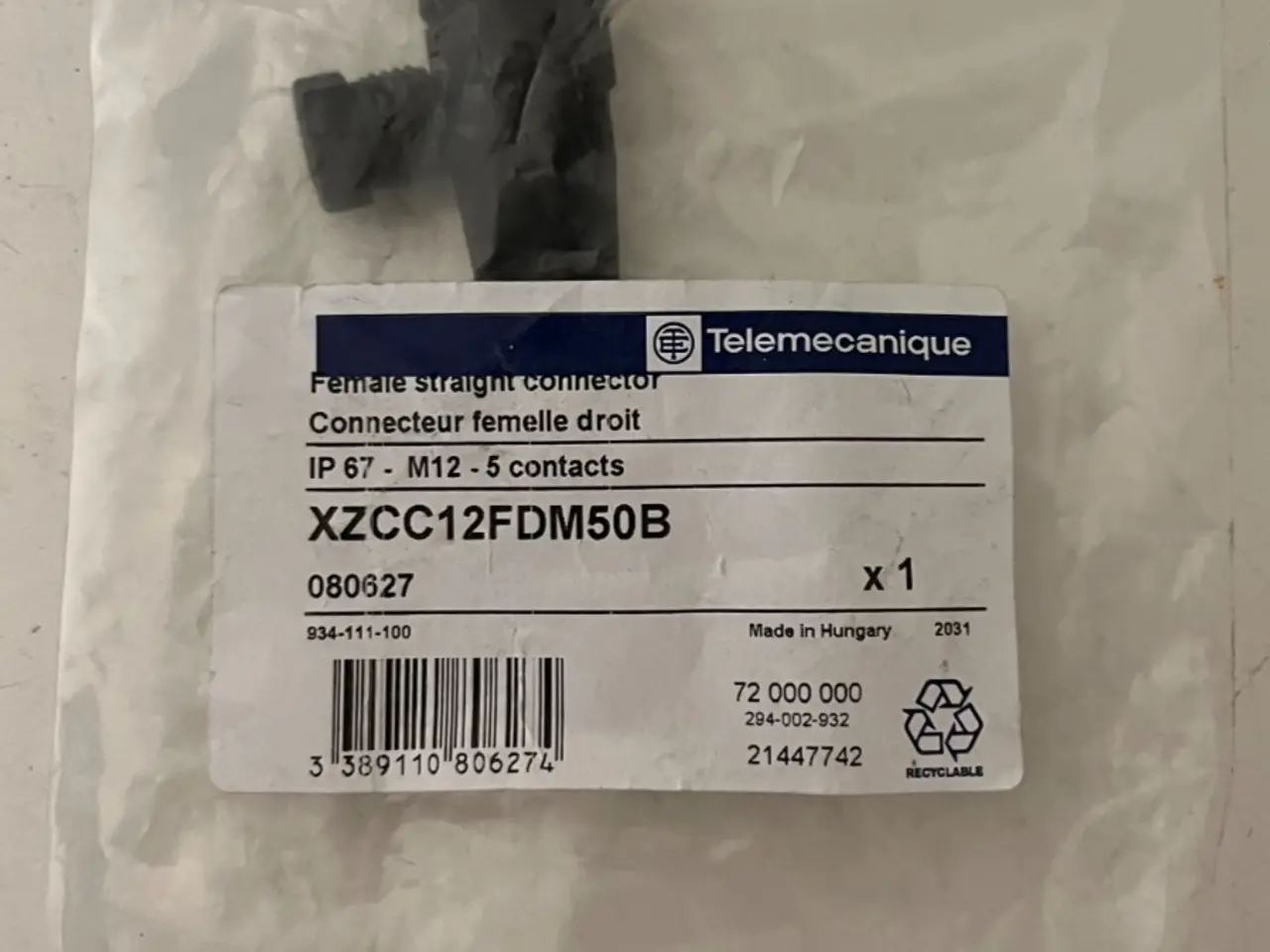 Billede 1 - Telemecanique XZCC12FDM50B M12 Female stik 5-Pin -