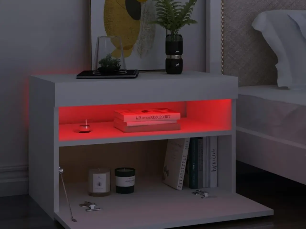 Billede 3 - Sengebord med LED-lys - 60 × 35 × 40 cm, hvid, konstrueret træ
