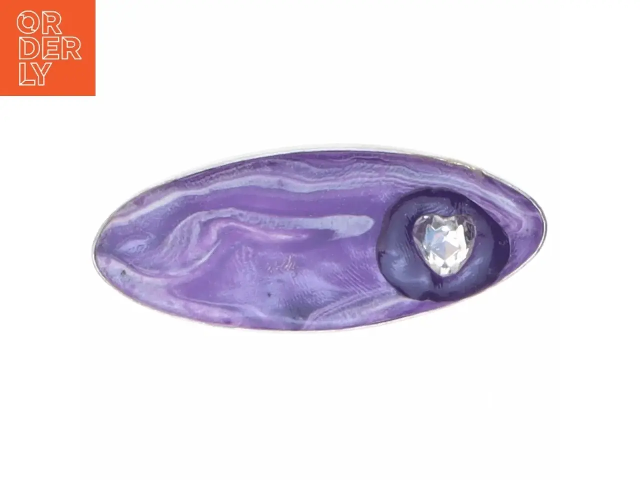 Billede 1 - Broche i sølvfarve med lilla emalje og sten (str. 6 x 2,6 cm)