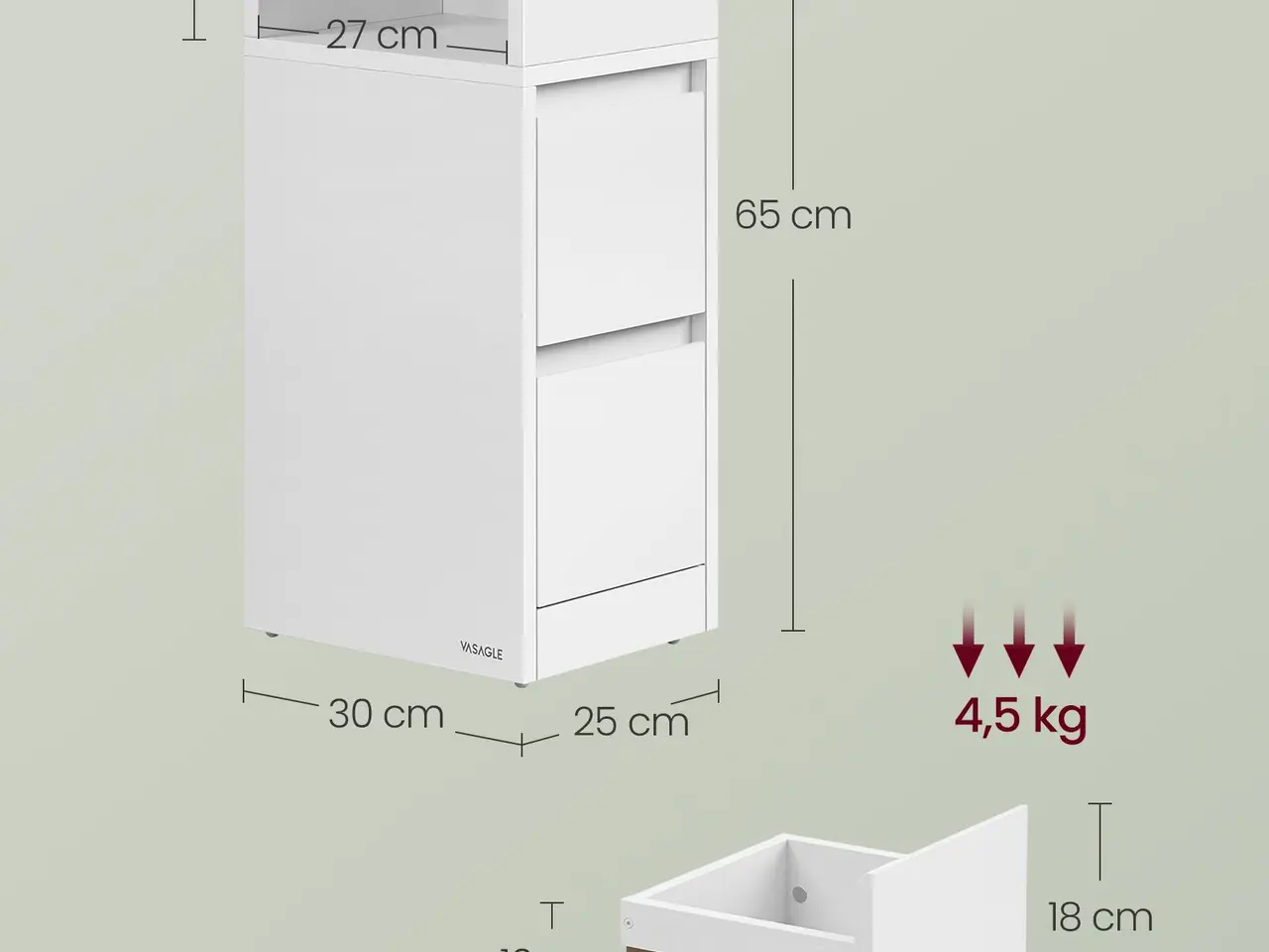 Billede 7 - Sengebord smalt sæt af 2 2 skuffer, åbent rum, vendbar montering, cloud white